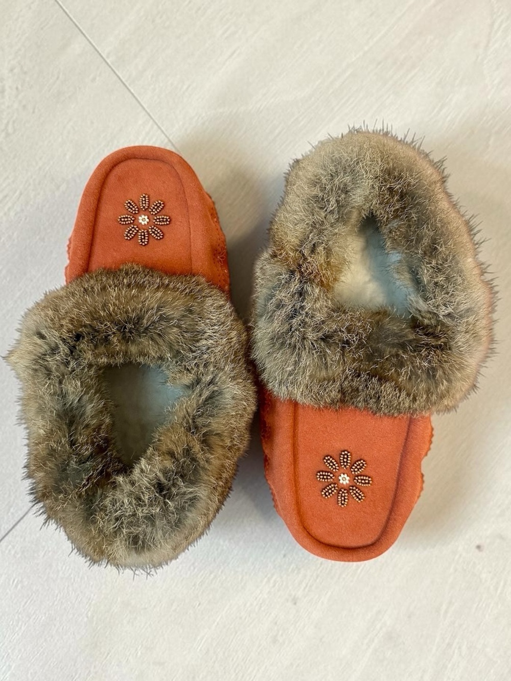 Women’s Orange Fur Trimmed Moccasin Slippers with Bead Detail Size 7